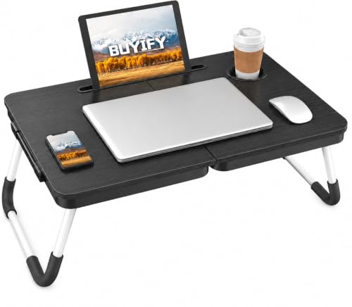 BUYIFY Foldable Lap Desk Bed Table with Cup Holder Portable Tray, Charcoal