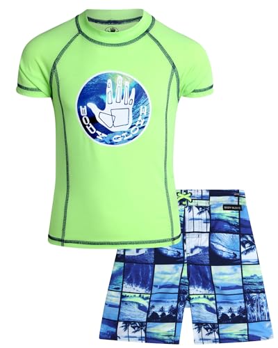 Body Glove Boys Swim Set - 2 Piece Boys Swim Trunks with Rash Guard UV Protection Swimsuit Kids Bathing Suits (Sizes 4-12), Size 10, Lime Beach