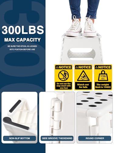 HOUSE DAY 11 Inch Folding Step Stool for Kids- Heavy Duty Plastic Step Stool for Adult Foldable Stools Sturdy Kitchen Step Skid Resistant Folding Stools for Bedroom/Bathrooom-White