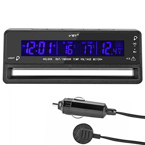 OLLGEN Multifunctional 4 in 1 Car Digital Clock in/Out Thermometer Voltage Monitor with Stand and Magic Tape