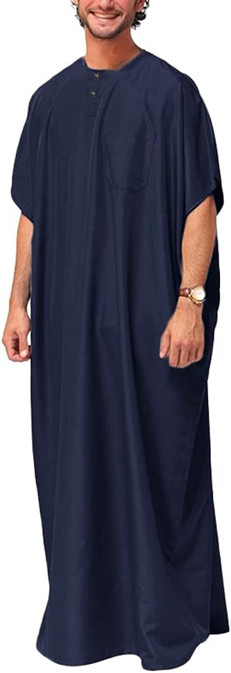 Men's V-neck Short Sleeve Muslim Thobe Middle East Saudi Arab Kaftan Islamic Abaya Dress Dubai Robes Loungewear