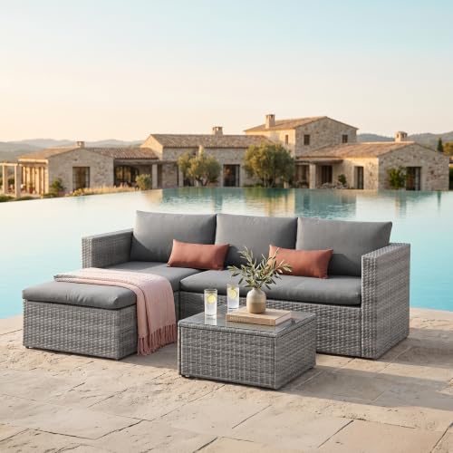 EVRE Malibu Rattan Garden Furniture Set Outdoor Furniture with 3 Seater Wicker Weave Lounge Sofa 1 Ottoman Footstool and Glass Top Coffee Table Grey.