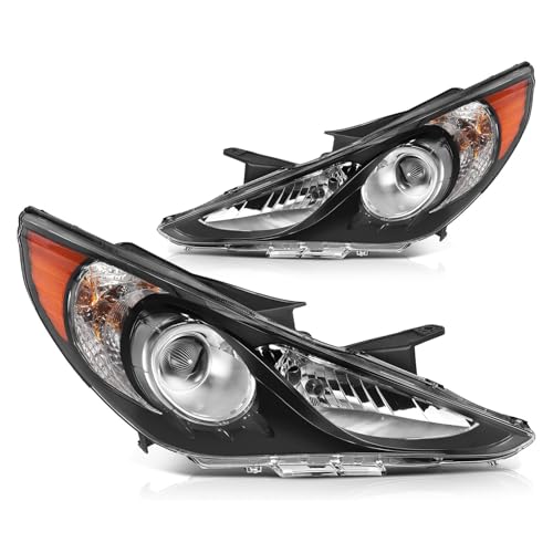 ASTOU Headlight Assembly Fit 2011 2012 2013 2014 For Hyundai Sonata 4-Door(Excludes Hybrid) Black Housing Amber Reflector Clear Lens Headlamp Pair 92102-3Q000 921013Q000 (Bulbs Not Included)