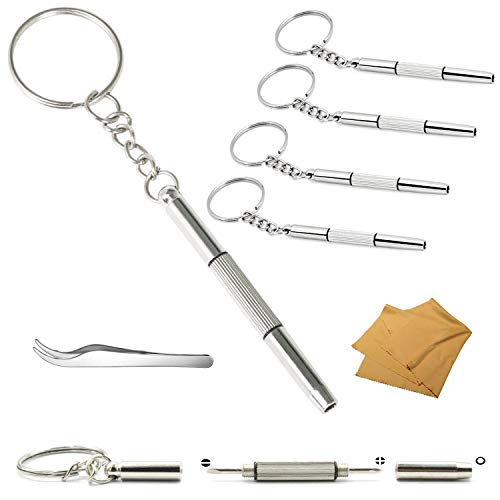 Juego de 6 mini destornilladores 3 en 1 de precisión, llaveros, piezas de repuesto para gafas ópticas, gafas de sol, marcos de joyas, relojes, con pinzas y paño de limpieza Cover