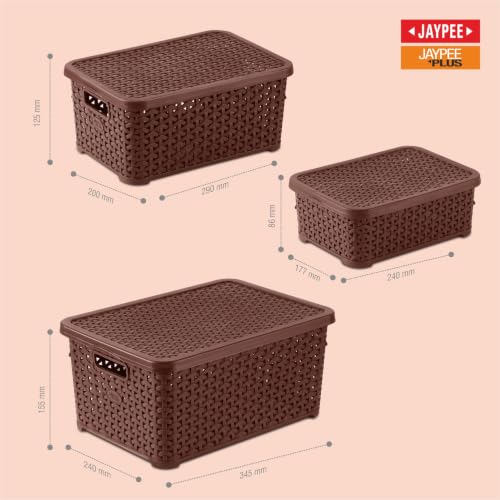 Image of Jaypee Plus Keep all 3 Plastic Storage Basket Organizers With Lid For Kitchen,Fridge, Office Wardrobe, Stationery, Household, Toys & Multipurpose use Pack of 3 Durable Box, Brown