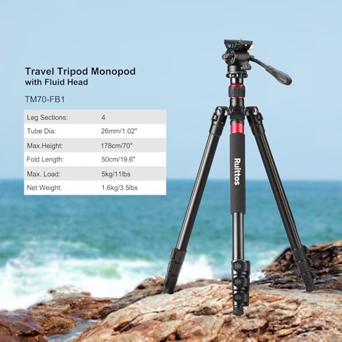 Image of Camera Tripod, 70 inch Video Tripod with Fluid Head, Aluminum Heavy Duty Tripod with Carry Bag, Professional Camera Tripods & Monopods, Compatible with Canon, Sony, DSLR, Camcorder (TM70-FB1)