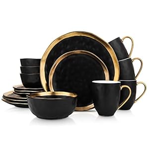 Stone Lain Modern Poreclain 16 Piece Dinnerware Set, Plates and Bowls Set, Dish set for 4, Black And Golden Rim