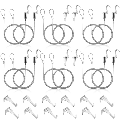 12 Stück Bildaufhänger Set 2m × 1.5mm Galerieschienen für Bilder Bilderschienen Aufhängesystem Max 40KG Aufhänger Draht für Bilder Bilderhaken für Hängen Gemälde Kunstwerke