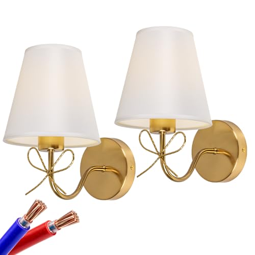 Image of Mesuz Antique Brass Wall Sconces Set of Two, Bow Sconces Decor Gold Wall Lights Brass Brushed Gold Sconce with Fabric Shade, E26 110V Hardwired Wall Lamps for Girl Bedroom, Living Room, Nursery Room