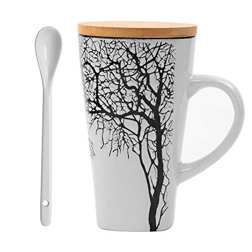 Tasse De Café en Céramique Créatives, Tasse à Café en Relief avec Couvercle et Cuillère en Bois, Tasse à Thé au Lait de Grande Capacité, Cadeau Parfait pour des Amants de Café, Femmes, Famille(16.5oz) Cover