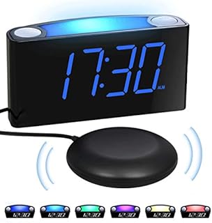 Extra Loud Vibrating Alarm Clock with Bed Shaker for Heavy Sleepers,Digital Bedroom Clock for Deaf Hearing Impaired Senior, 7 Night Light, Large LED Display,Dimmer, 2 USB Charger,12/24H,Battery Backup