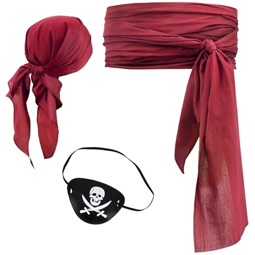 CosInStyle Pirate Halloween Costume 3 Pcs Set with Head Scarf Bandana Belt Waist Sash Eye Patch for Halloween Costumes Cosplay (Red)
