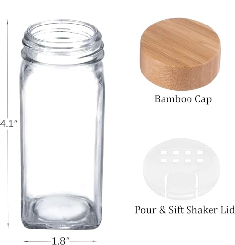 Image of VILON 120ml Glass Spice Jars with Airtight Bamboo Lids - Set of 12 Square Seasoning Containers - Premium Spice Organizer with Shaker Lids - Clear Glass Kitchen Storage Jars