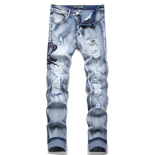 Men's Blue Embroidered Jeans, Ripped Stretch Slim Jeans, Jeans Versatile for Any Occasion,30