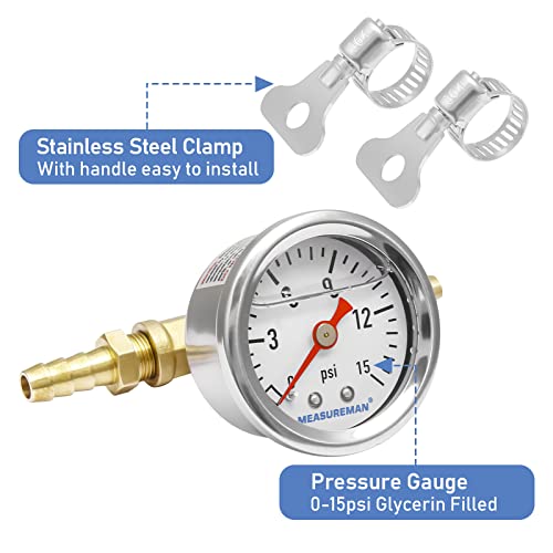 Measureman Fuel Pressure Gauge Kit 0-15Psi Stainless Steel Glycerin Filled, 1-1/2" Dial Size, With 5/16" Fuel Line Fuel Pressure Brass T-Fitting Adapter, Center Back Mount #TOP2