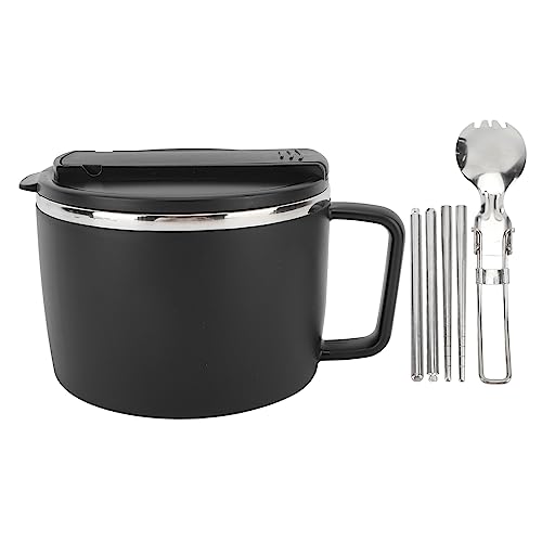 equlup Stainless Steel Instant Noodle Bowl, 304 1200ML Large Capacity Noodle Bowls with Lid Chopsticks Spoon Drainage Hole for Outdoor Hiking Camping Hiking