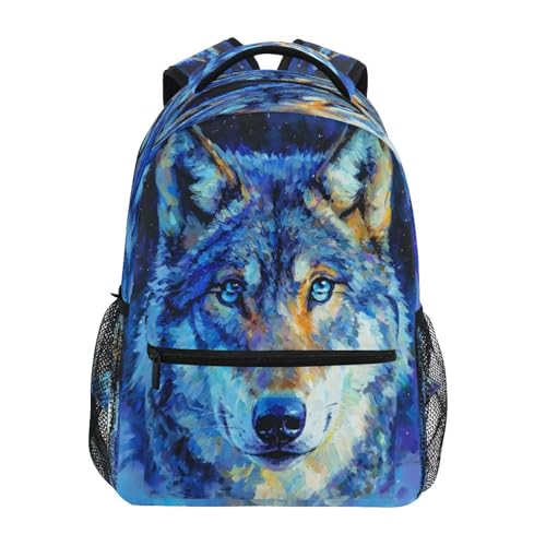 Wolf Watercolor Blue Backpack for School Boys Girls Adults Kids Bookbag Laptop Bag 18L