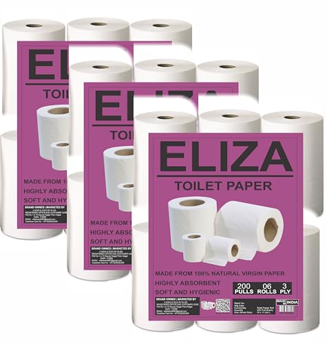 Image of Eliza Premium 3 Ply Toilet Disposable Roll Pack of 6, Toilet Paper, Toilet & Tissue Roll, Pack of Six Toilet Tissue Paper Rolls 200 Pulls Each- 9.8 x 10 cm