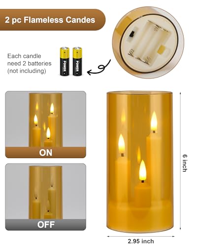 Image of Enido Gold 2 Pc 3-in-1 Taper Flameless LED Candles with Remote, Battery Operated Acrylic Pillar Set, 3 inch x 6 inch Flickering Electric Lights for Cozy Home & Holiday Romantic Decor