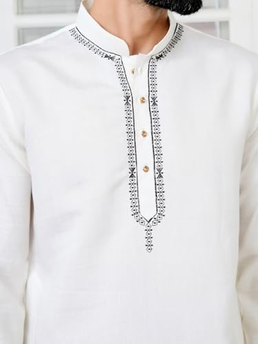 Image of See Designs Men's Full Sleeve Mandarin Collar Sequins Embroidered Chanderi Straight Long Kurta with Yoke Design - Festive Collection