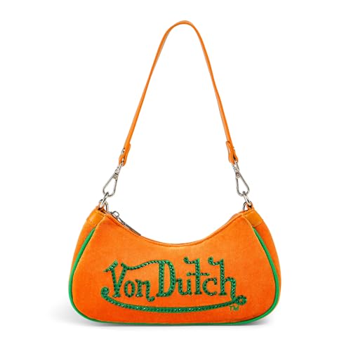 Von Dutch Purse Shoulder Bag, Velvet Handbag Rhinestone Logo and Silver Chain with Wrench (Orange and Green Rhinestone)