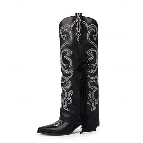 QIY Women's Knee High Cowboy Boots Cowgirl Fold Over Fringe Boots for Women Western Embroidery Pointy Toe Chunky Block High Heel with Half Zipper for Country Music Festivals Rodeo