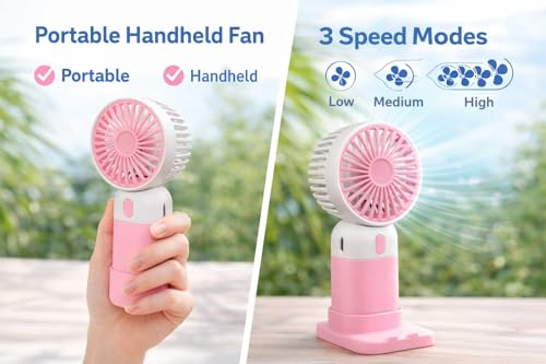 Image of Kabello Portable Hand Fan for Adults and Kids Rechargeable Handheld Fan with 3 Fan Speed Mini Fan for Travelling, Makeup and Office (Pink)