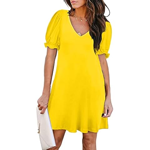 Aloodor Women's Casual Dresses Short Sleeve V-Neck Dress with Pockets (06-Yellow, X-Large) Cover