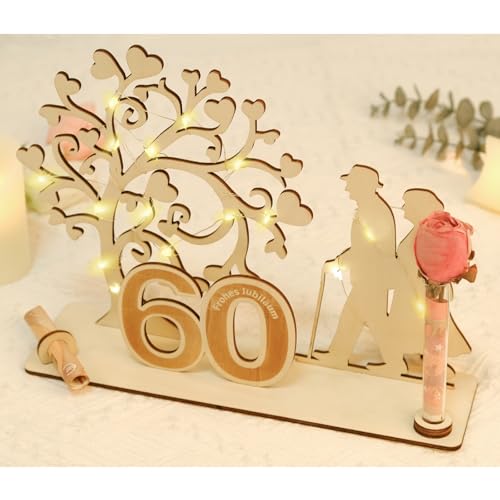 ARTREE Presente de madeira para 60 anos de casamento, decoração de casamento com diamante com árvore de coração e LED, ideia de presente para 60º aniversário de casamento