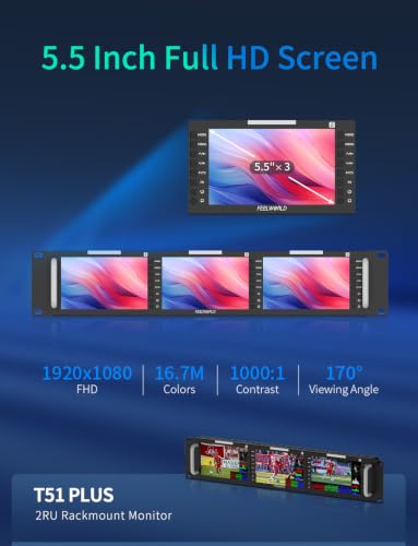 Image of FEELWORLD T51 Plus 2RU Triple 5.5 Inch SDI Rack Mount Broadcast Monitor LCD 1920x1080 3G SDI HDMI AV Input and Output