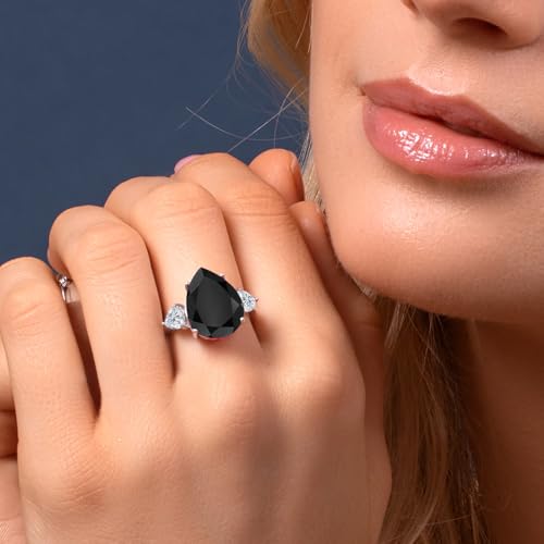 Gem Stone King 925 Sterling Silver Black Onyx and Lab Grown Diamond Engagement Ring For Women | 8.11 Cttw | Pear Shape 16X12MM and Trillion 5MM | Gemstone Birthstone | Available in Size 5,6,7,8,94
