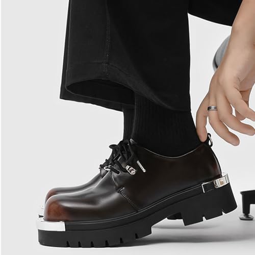 Men's Leather Metal-Plate Platform Oxfords Classic Wide Round Toe Lace Up Comfort Chunky Heel Lug Sole Anti-Slip Heighten Derby Shoes4