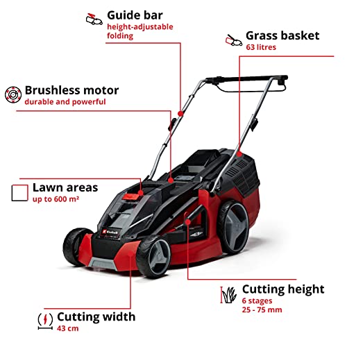 Einhell 36V Cordless Lawnmower With Battery (x2) and Charger (x2) Power X-Change, 43cm Cutting Width, 63L Grass Box, 6 Cutting Heights 3413130
