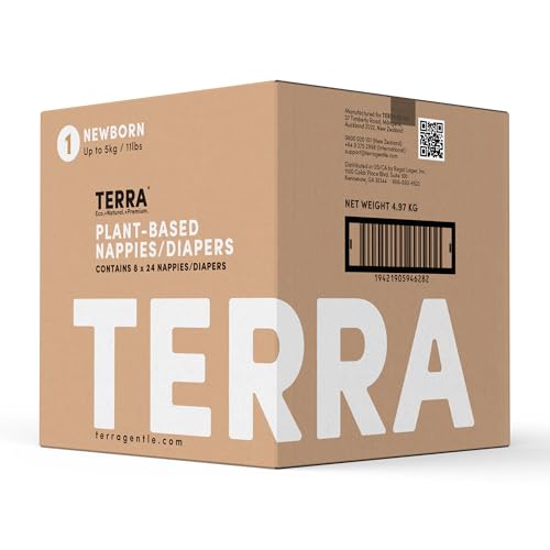 Image of Terra Diapers Size 1: 85% Plant-Based Diapers, Ultra-Soft & Chemical-Free for Sensitive Skin, Superior Absorbency for Day or Nighttime Diapers, Designed for Newborns up to 11 Pounds, 192 Count