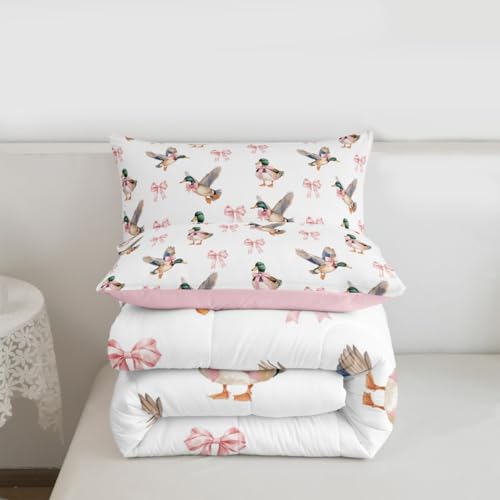 Image of Feelyou Bow Mallard Duck Pink Bedding Set Full Size,Hunting Duck Bowknot Girly Comforter Set for Kids Teens Room Decor Farmhouse Rustic Quilt