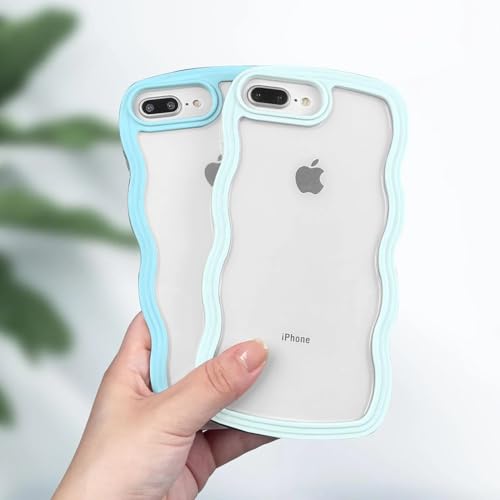Image of GoldKart iPhone 7 Plus / 8 Plus Case Wavy Edge Clear Back Design, Anti-Slip Grip Cute Wave Curly Frame Shape Shockproof Soft TPU & Hard PC Bumper Protective Phone Case Cover for Women Girls Blue