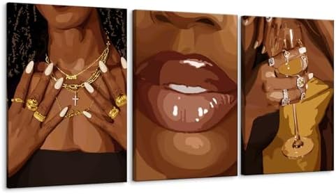 Zessonic Black Woma African American Framed Canvas Wall Art, Black Girl Wall Decor, Abstract Feminine Artwork For Bedroom,Bathroom,Living Room, Set Of 3-16x24 Inch - Ready to Hang
