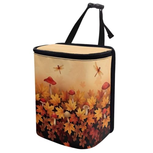 Image of Talayituse Dragonfly Maple Leaf Mushroom Print Car Trash Can with Lid, Leak Proof Auto Trash Bag Hanging Vehicle Garbage Can Multipurpose Storage Container for Back Seat Road Trip Fall Decor