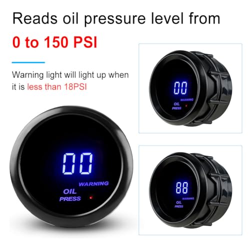 WATERWICH 2\" 52mm Oil Pressure Gauge Kit for Car Truck Marine Vehicle Automotive Blue - Thumbnail 2