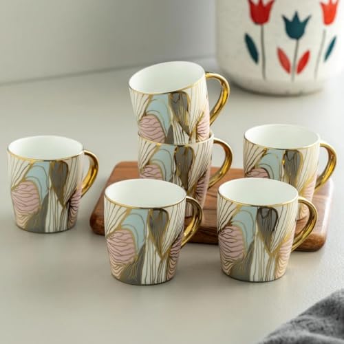 Image of Clay Craft Fine Ceramic Tea Cups Set of 6| 140 Ml Gold Print Cups with Handle | Elegant Design for Tea| Coffee| Home| Office & Gifting