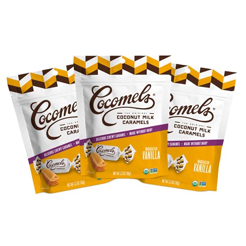 Cocomels Vanilla Coconut Milk Caramels Organic Vegan Candy, Vanilla Flavor, Pack of 3