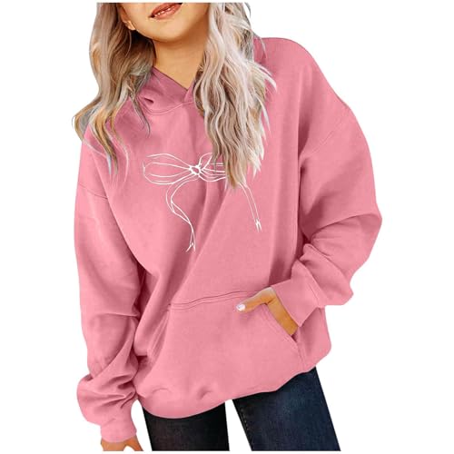 Girls Hoodies Sweatshirts Cute Bow Print Long Sleeve Tops Loose Fleece Pullover 2025 Trendy Preppy Shirts with Pocket