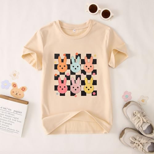 Image of SOFEON Kids Girls Easter Shirt Cute Bunny Graphic T-Shirt Funny Rabbit Flower Short Sleeve Tees Happy Easter Gift Tops
