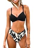 CUPSHE Bikini-Set für Damen, hohe Taille, Twist, V-Ausschnitt, Spaghetti-Träger, hoch geschnitten, Zebra-Unterteil, zweiteilige Badeanzüge, Schwarz , XL