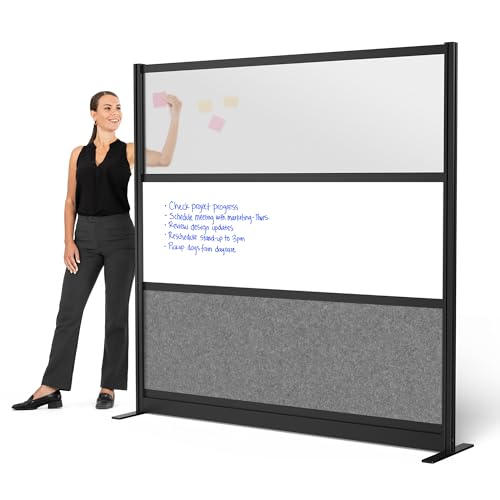Stand Up Desk Store Workflow Modular Wall | 70'' x 70'' Wall | Expandable Partition Room Divider with Rearrangeable Frosted Acrylic, Sound Absorbent and Whiteboard Wide Panels (Black Frame)