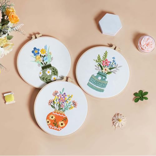 Image of GLTAYLMY 3 Pack Embroidery Starter Kit with Pattern, Stamped Cross Stitch Kits for Beginners Adults with Embroidery Hoop and Instructions, Hand Embroidery Kit