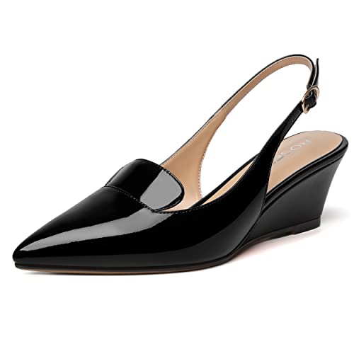 ROSERWISH Womens Pointed Toe Slingback Patent Party Office Buckle Dress Wedge Low Heel Pumps Shoes 2 Inch
