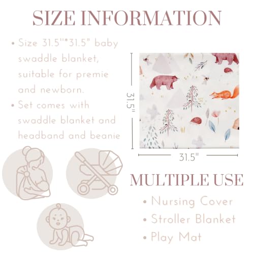 Image of Newborn Swaddle Set, Grey and White Fox, Beanie and Headband