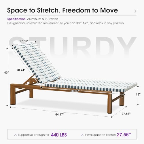 PURPLE LEAF Oversized Pool Lounge Chairs Set of 2 French Outdoor Chaise Lounge Chair Wicker Lounger Bamboo Aluminum Frame PE Rattan Adjustable Backrest for Poolside Patio Deck, Light Blue and White — view 2