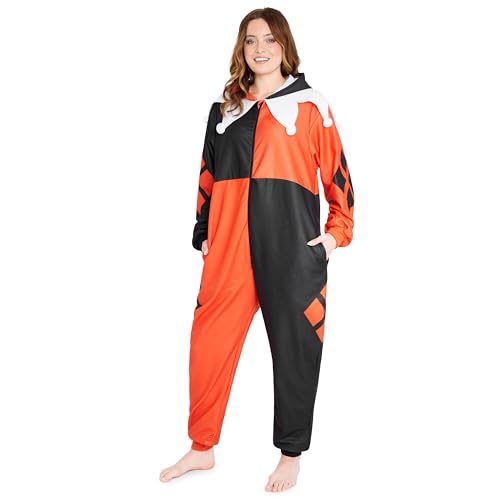 DC Comics Harley Quinn Pile Pigiama Intero Donna con Cappuccio - Regalo Donna (Rosso/Nero, L)